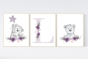 Nursery decor girl purple, bear nursery, Nursery wall art, flower, violet purple, nursery prints, girl nursery wall decor, lavender, purple