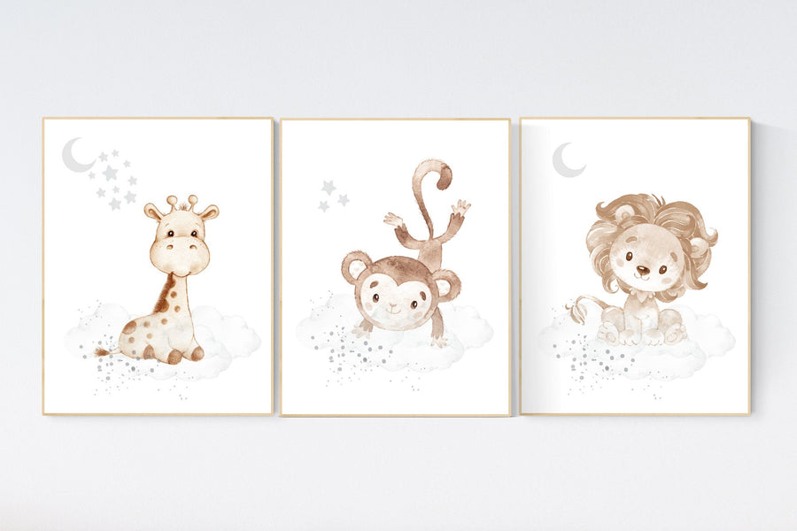 Nursery wall art animals, gray nursery, gender neutral nursery, neutral nursery, baby room decor, monkey, lion, giraffe, animal prints