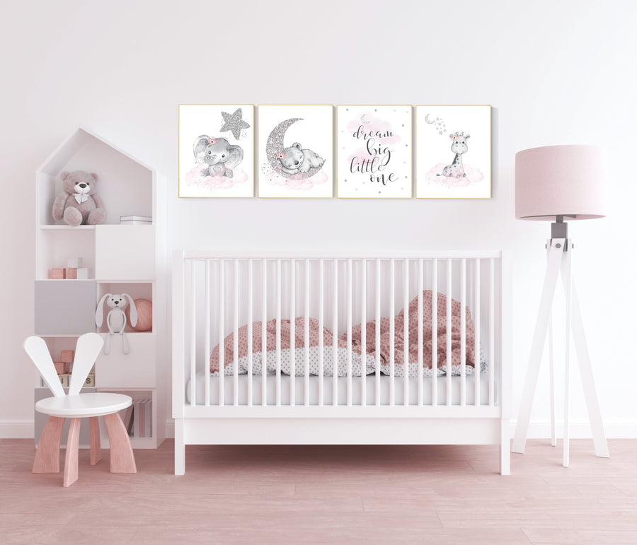 Animal prints for nursery, Nursery wall art set, pink and silver, Nursery decor girl elephant, animal nursery, bear, giraffe, animal nursery