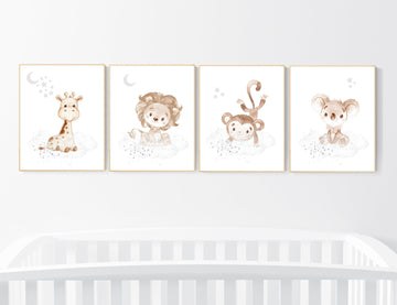 Nursery wall art animals, gray nursery, gender neutral nursery, neutral nursery, baby room decor, bear, elephant, giraffe, animal prints
