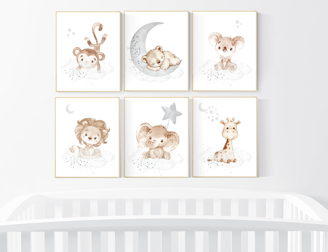 Nursery decor gender neutral, Nursery wall art animals, gray nursery, neutral, lion, bear, monkey, koala, elephant, giraffe, animal prints