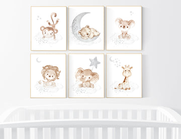 Nursery decor gender neutral, Nursery wall art animals, gray nursery, neutral, lion, bear, monkey, koala, elephant, giraffe, animal prints