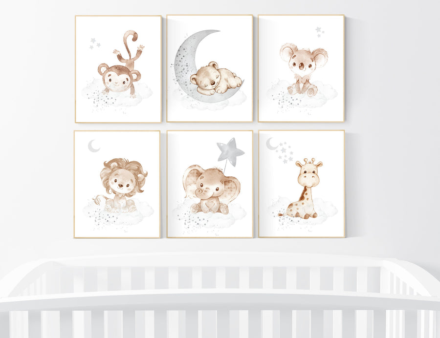 Nursery decor gender neutral, Nursery wall art animals, gray nursery, neutral, lion, bear, monkey, koala, elephant, giraffe, animal prints