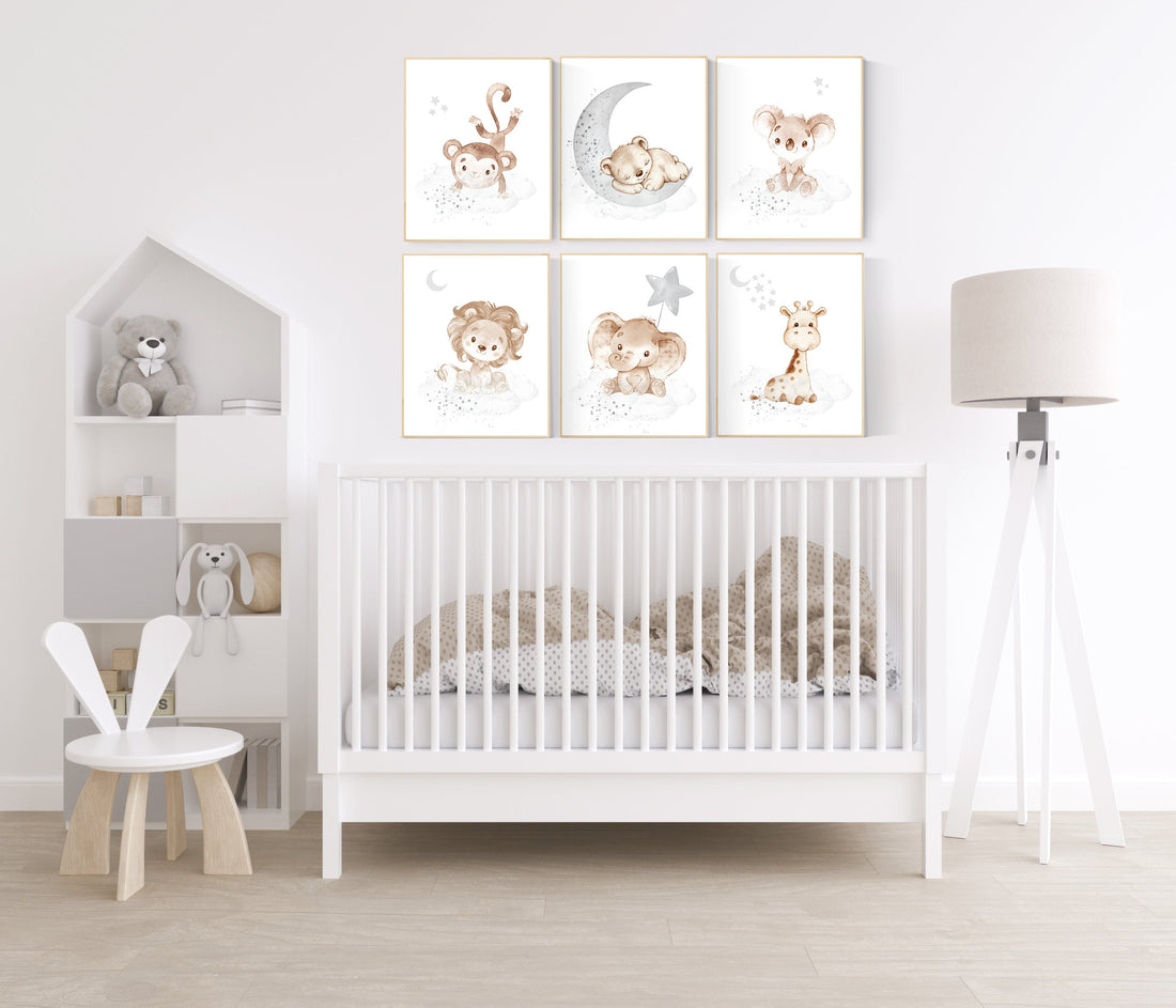 Nursery decor gender neutral, Nursery wall art animals, gray nursery, neutral, lion, bear, monkey, koala, elephant, giraffe, animal prints