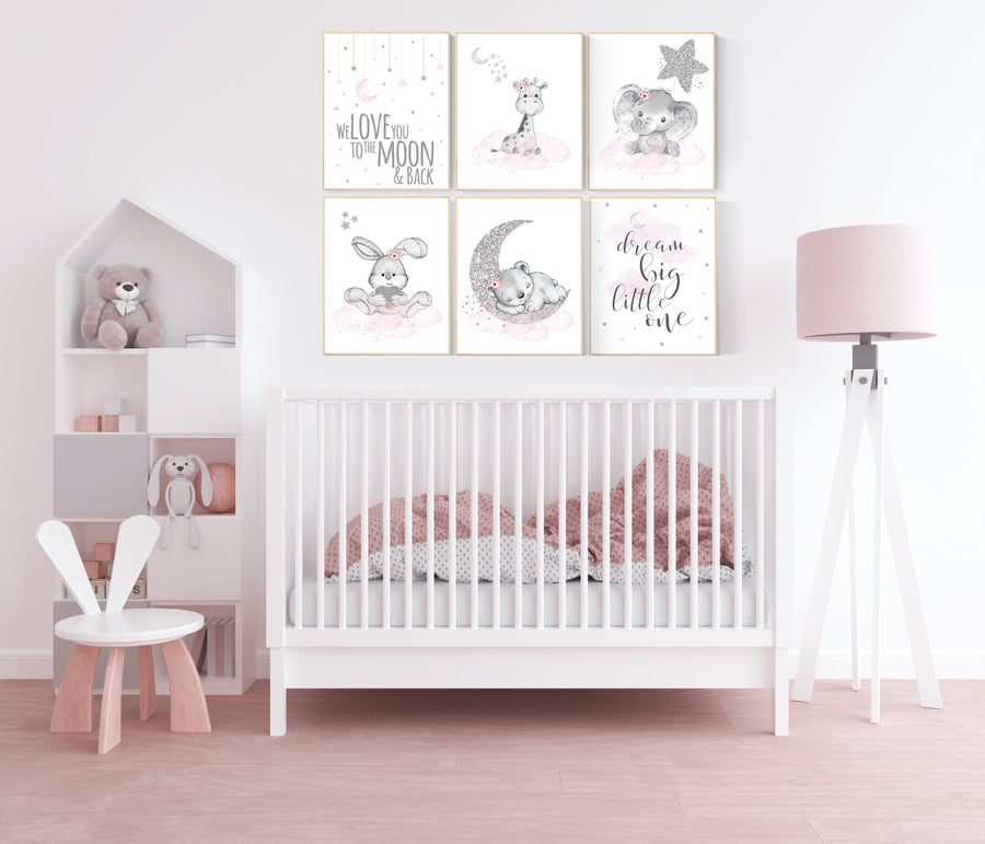 Animal nursery, nursery decor girl pink silver, nursery decor girl woodland animals, teddy bear, elephant, giraffe, baby girl nursery prints