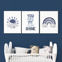 You are my sunshine, navy nursery wall art, rainbow nursery, nursery wall art boy, navy Blue, moon, stars, navy nursery, boy nursery decor