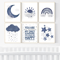 You are my sunshine, navy nursery wall art, rainbow nursery, nursery wall art boy, navy Blue, moon, stars, navy nursery, boy nursery decor