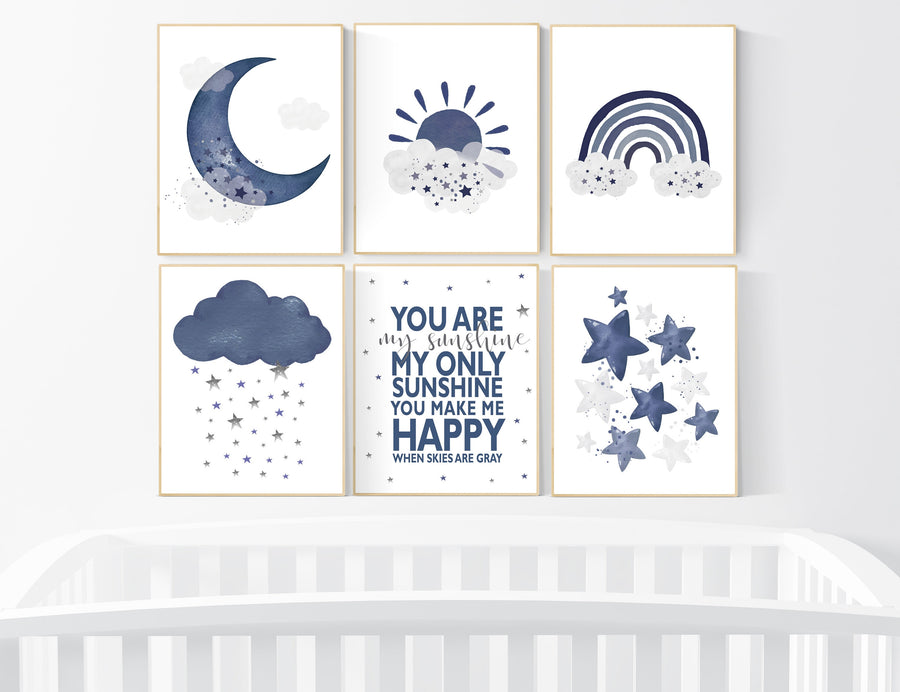 You are my sunshine, navy nursery wall art, rainbow nursery, nursery wall art boy, navy Blue, moon, stars, navy nursery, boy nursery decor