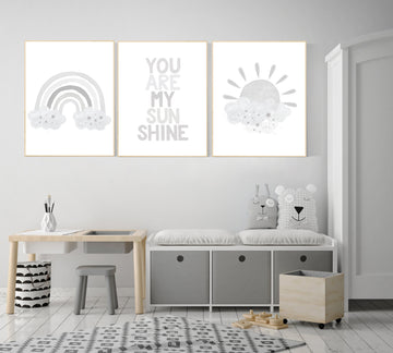 Nursery decor gender neutral, grey nursery, Nursery prints rainbow, nursery wall art neutral, gray nursery, moon star, cloud, nursery art