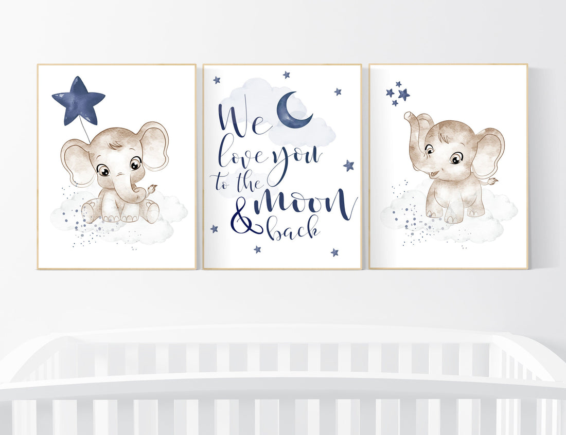 Navy nursery decor, moon and stars, navy blue nursery art. baby room wall art, boy nursery decor, set of 3, nursery prints boy, elephant art