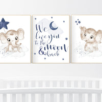 Navy nursery decor, moon and stars, navy blue nursery art. baby room wall art, boy nursery decor, set of 3, nursery prints boy, elephant art