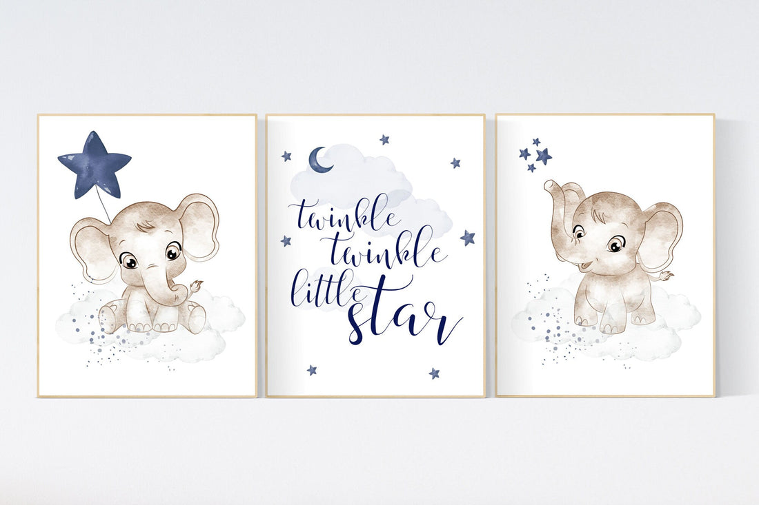 Navy nursery decor, moon and stars, navy blue nursery art. baby room wall art, boy nursery decor, set of 3, nursery prints boy, elephant art