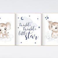 Navy nursery decor, moon and stars, navy blue nursery art. baby room wall art, boy nursery decor, set of 3, nursery prints boy, elephant art