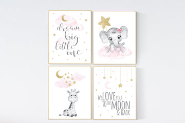 Nursery decor girl giraffe, elephant, pink and gold nursery, twinkle twinkle little star, pink nursery art, cloud and stars, baby room decor