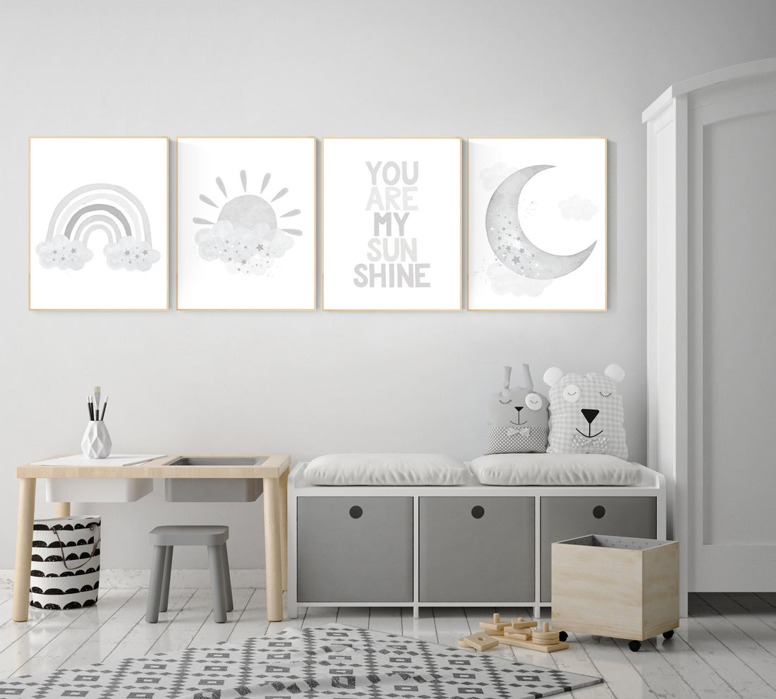 Nursery decor gender neutral, grey nursery, rainbow Nursery prints, nursery wall art neutral, gray nursery, moon star, cloud, nursery art