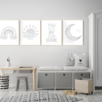 Nursery decor gender neutral, grey nursery, rainbow Nursery prints, nursery wall art neutral, gray nursery, moon star, cloud, nursery art