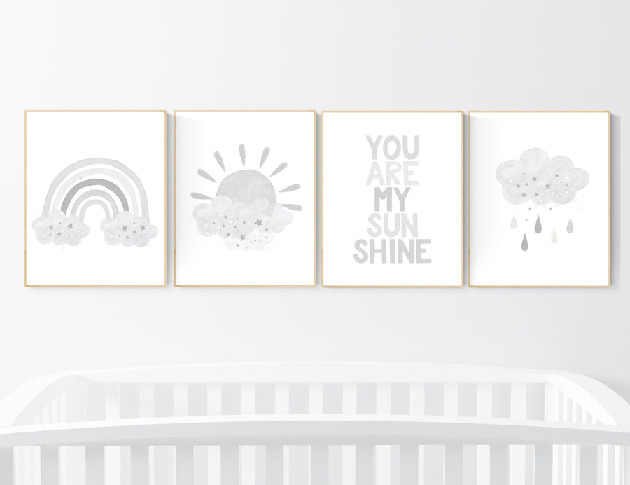 Nursery decor gender neutral, grey nursery, Nursery prints rainbow, nursery wall art neutral, gray nursery, moon star, cloud, nursery art