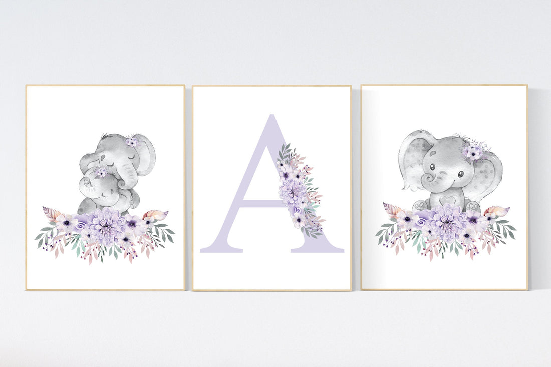 Purple nursery, Boho baby room, nursery wall art elephant, nursery decor girl, nursery decor girl floral, lilac nursery decor, lavender