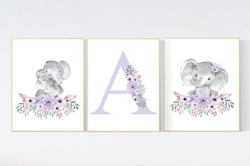Purple nursery, Boho baby room, nursery wall art elephant, nursery decor girl, nursery decor girl floral, lilac nursery decor, lavender