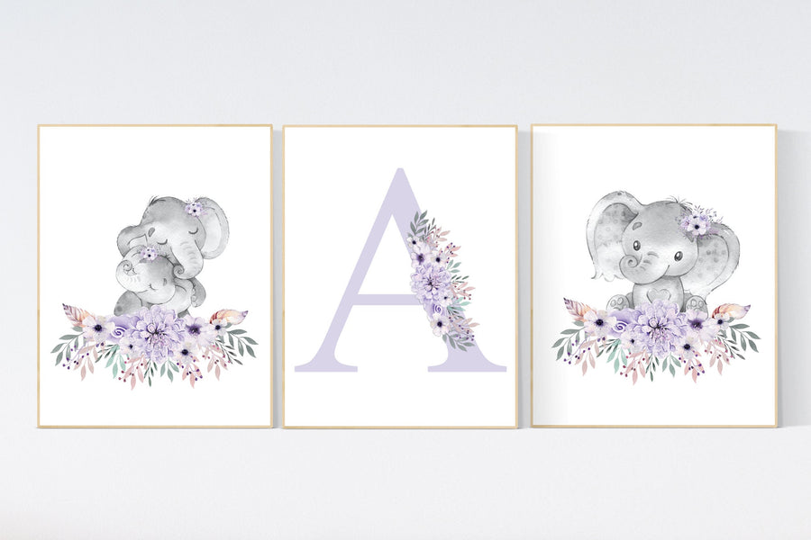 Purple nursery, Boho baby room, nursery wall art elephant, nursery decor girl, nursery decor girl floral, lilac nursery decor, lavender