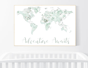 Nursery decor mint, Floral World Map, Girl Nursery Decor, Travel Nursery Art, floral Nursery Print, mint green, floral nursery
