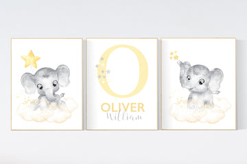 Nursery decor neutral, Yellow nursery, nursery wall art elephant, moon, stars, gender neutral, yellow and gray nursery art, baby room art