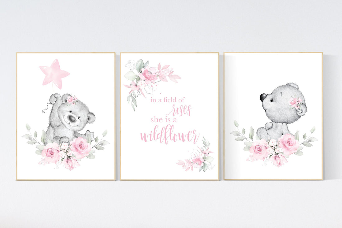 Nursery decor girl flower, bear nursery, floral nursery wall art,, Nursery wall art girl, girl nursery ideas, pink, nursery wall decor