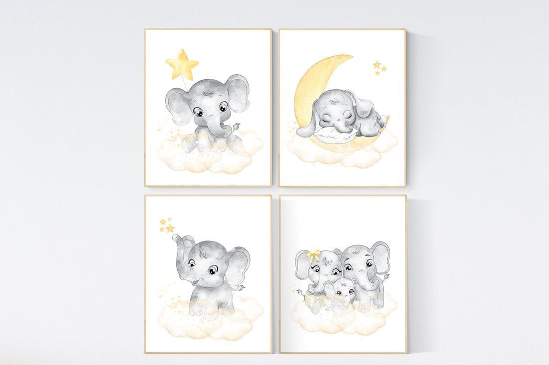 Nursery wall art neutral, nursery wall art elephant, moon and stars, gender neutral, baby room decor, elephant balloon, yellow grey, elegant