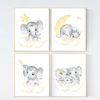 Nursery wall art neutral, nursery wall art elephant, moon and stars, gender neutral, baby room decor, elephant balloon, yellow grey, elegant