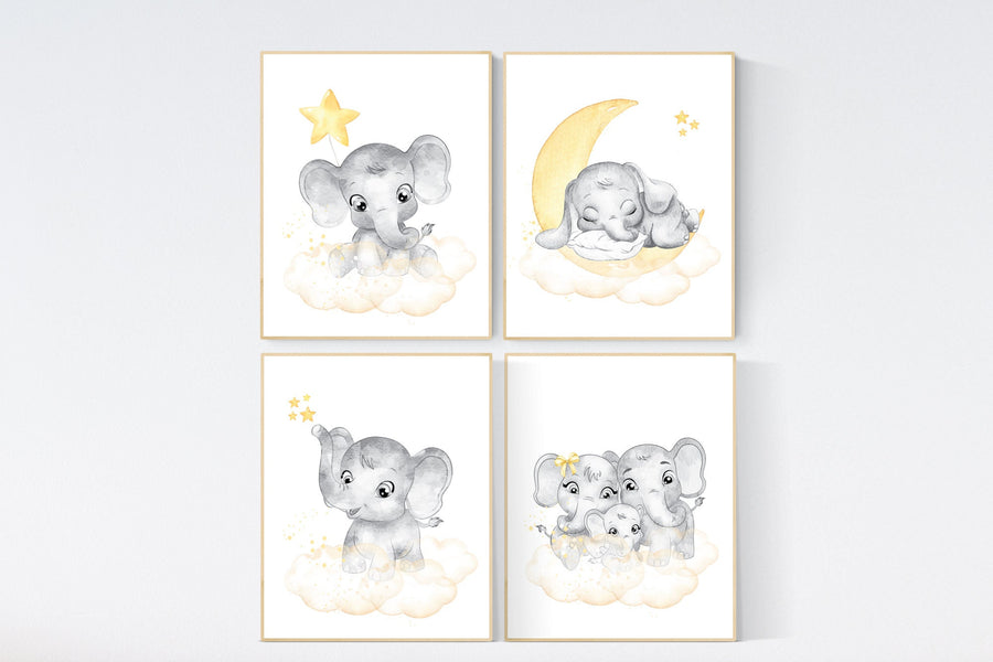 Nursery wall art neutral, nursery wall art elephant, moon and stars, gender neutral, baby room decor, elephant balloon, yellow grey, elegant