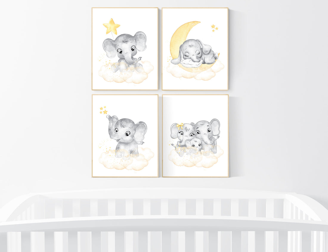 Nursery wall art neutral, nursery wall art elephant, moon and stars, gender neutral, baby room decor, elephant balloon, yellow grey, elegant