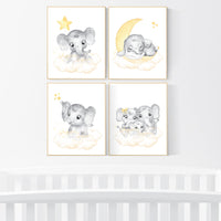 Nursery wall art neutral, nursery wall art elephant, moon and stars, gender neutral, baby room decor, elephant balloon, yellow grey, elegant