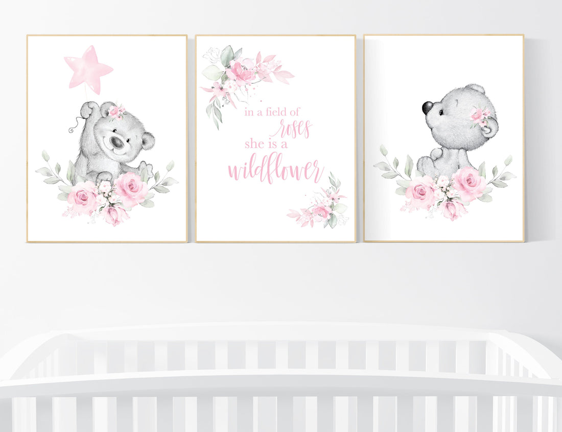 Nursery decor girl flower, bear nursery, floral nursery wall art,, Nursery wall art girl, girl nursery ideas, pink, nursery wall decor