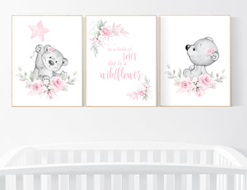 Nursery decor girl flower, bear nursery, floral nursery wall art,, Nursery wall art girl, girl nursery ideas, pink, nursery wall decor