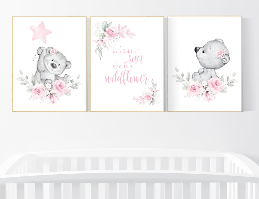 Nursery decor girl flower, bear nursery, floral nursery wall art,, Nursery wall art girl, girl nursery ideas, pink, nursery wall decor