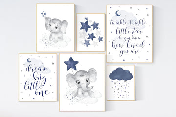 Nursery decor boy, elephant nursery, boy nursery decor, moon and stars, navy nursery, boy nursery wall art, twinkle twinkle little star