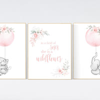 In a field of roses she is a wildflower, Nursery decor girl blush, nursery decor girl floral, elephant nursery, girls nursery decor, prints