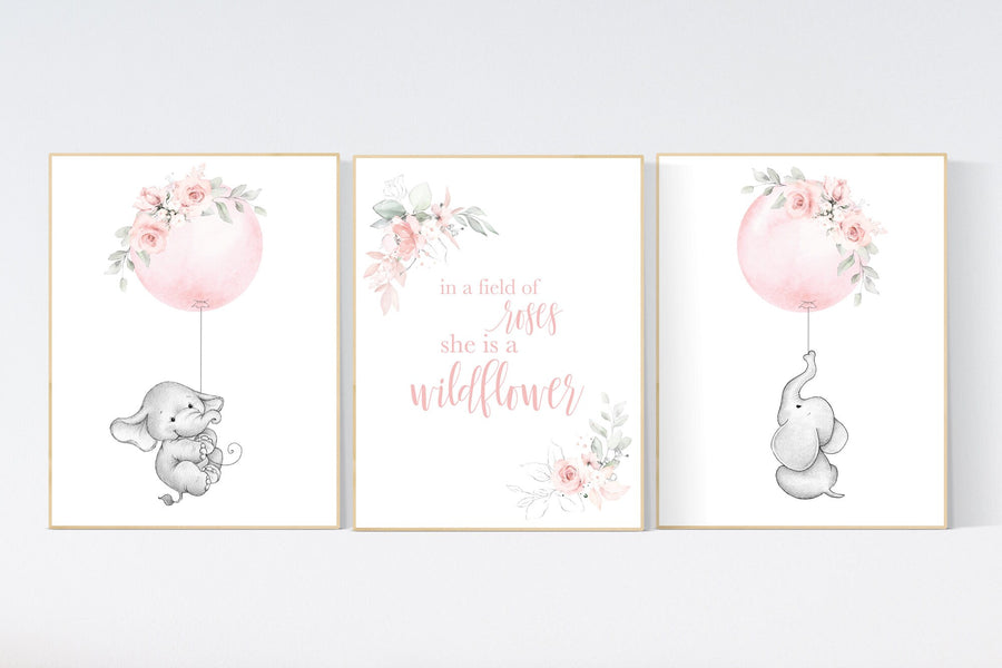 In a field of roses she is a wildflower, Nursery decor girl blush, nursery decor girl floral, elephant nursery, girls nursery decor, prints