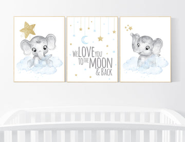 Nursery decor boy elephant, blue and gold nursery, we love you to the moon and back, blue nursery wall art, cloud and stars, baby room decor
