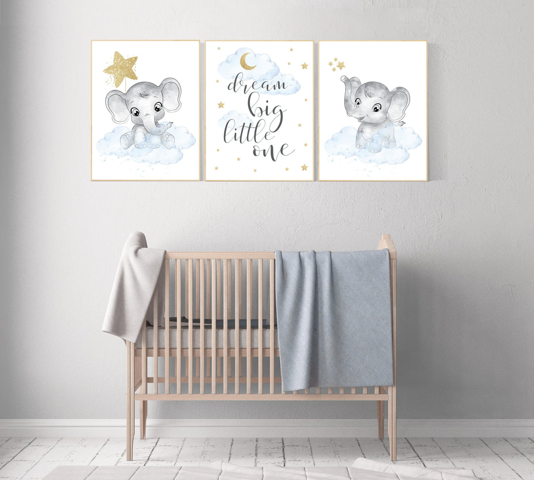 Nursery decor boy elephant, blue and gold nursery, dream big little one, blue nursery wall art, cloud and stars, baby room decor