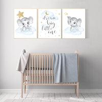 Nursery decor boy elephant, blue and gold nursery, dream big little one, blue nursery wall art, cloud and stars, baby room decor