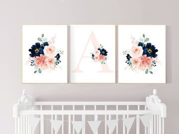 Blush navy flowers, nursery decor girl flower, nursery decor girl floral, blush navy flowers, navy and blush pink, Monogram, girl nursery
