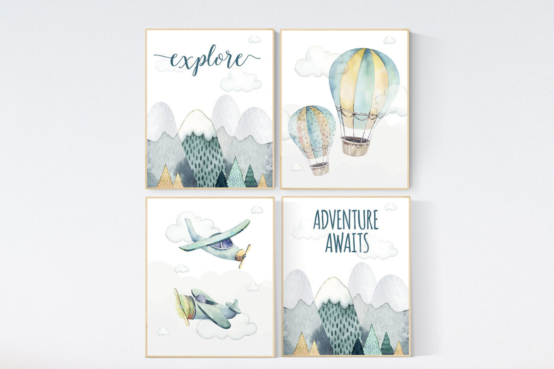 nursery decor boy airplanes, adventure nursery, travel theme nursery, woodland, gender neutral, explore, hot air balloon, plane, neutral