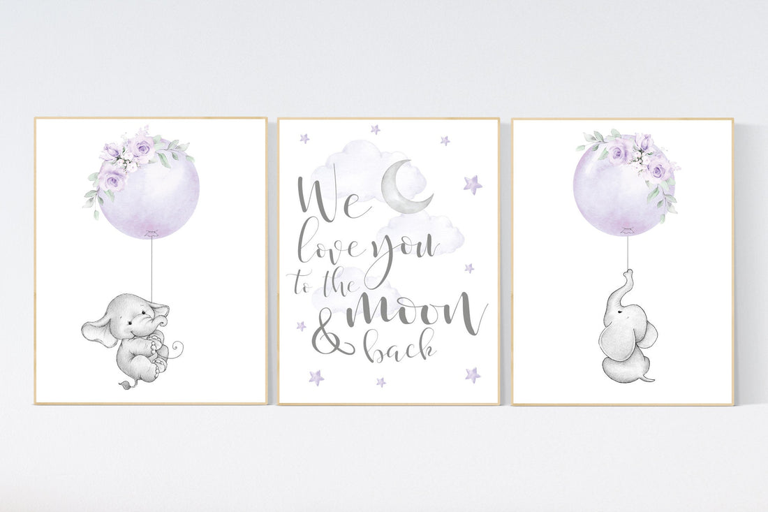 Nursery wall art elephant, Nursery prints girl, purple nursery, lavender, lilac nursery, moon and stars, girl baby room art, nursery set