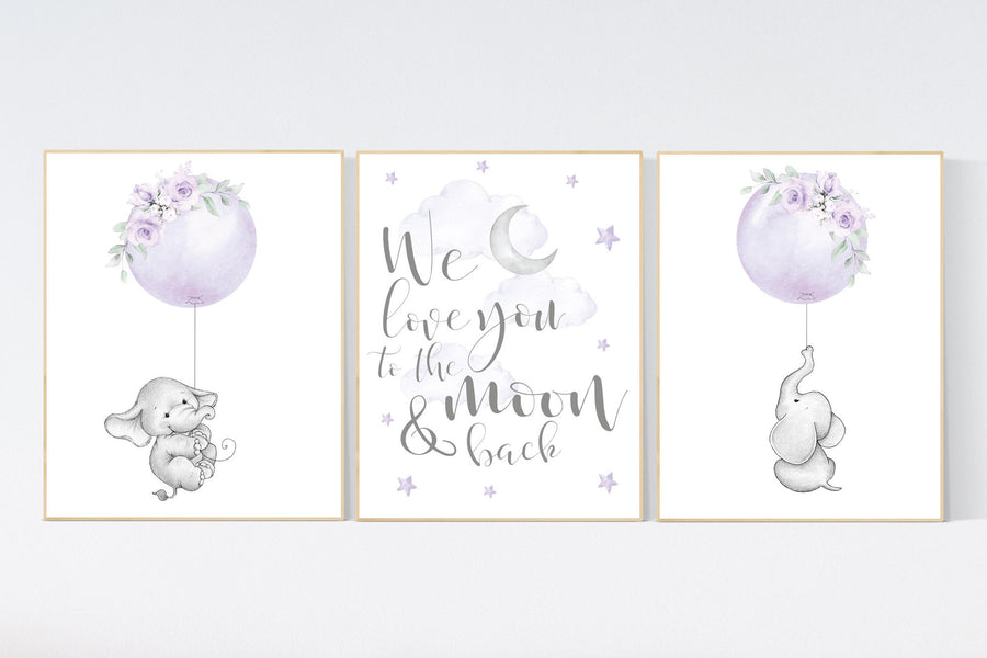 Nursery wall art elephant, Nursery prints girl, purple nursery, lavender, lilac nursery, moon and stars, girl baby room art, nursery set