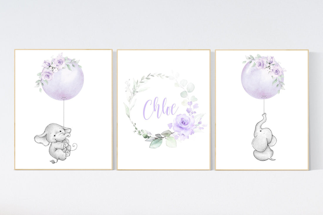 Purple nursery, nursery decor girl boho, nursery wall art elephant, nursery wall art girl, nursery prints girl floral, lilac, lavender