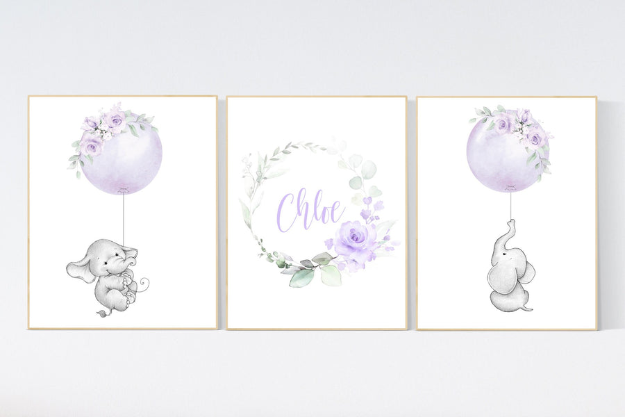 Purple nursery, nursery decor girl boho, nursery wall art elephant, nursery wall art girl, nursery prints girl floral, lilac, lavender