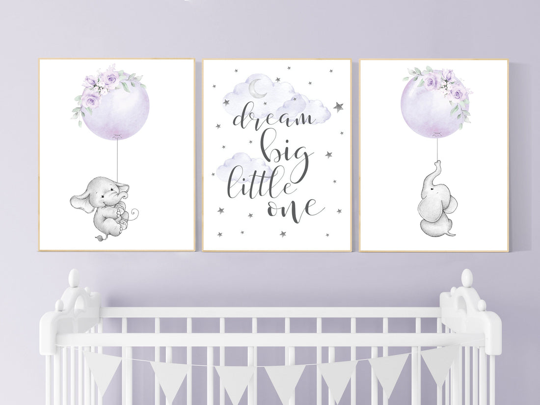 Nursery decor girl purple, elephant nursery, lavender and gray, lilac, elephant balloons, butterflies, purple nursery, girl nursery ideas