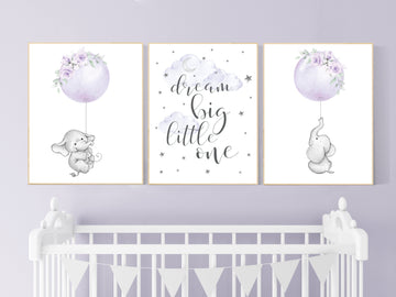 Nursery decor girl purple, elephant nursery, lavender and gray, lilac, elephant balloons, butterflies, purple nursery, girl nursery ideas