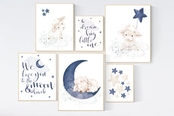 Lamb nursery print set, sheep nursery above crib art, navy nursery, sheep nursery art, sheep baby decor, Boy Wall Art, Baby Blue, Boy Lamb